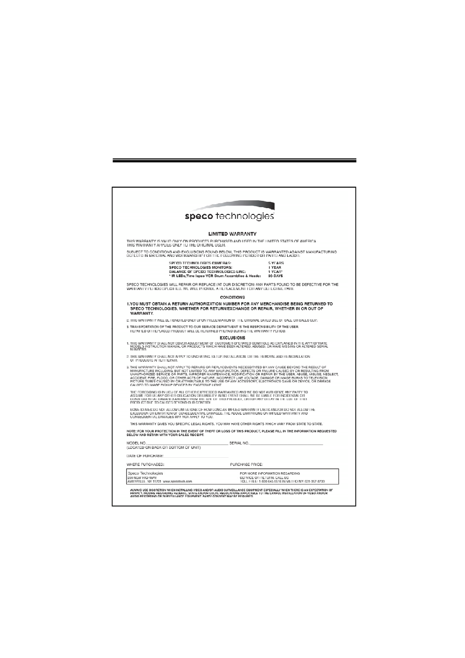 Warranty | Speco Technologies WIDE DYNAMIC RANGE CVC624WDR User Manual | Page 17 / 20