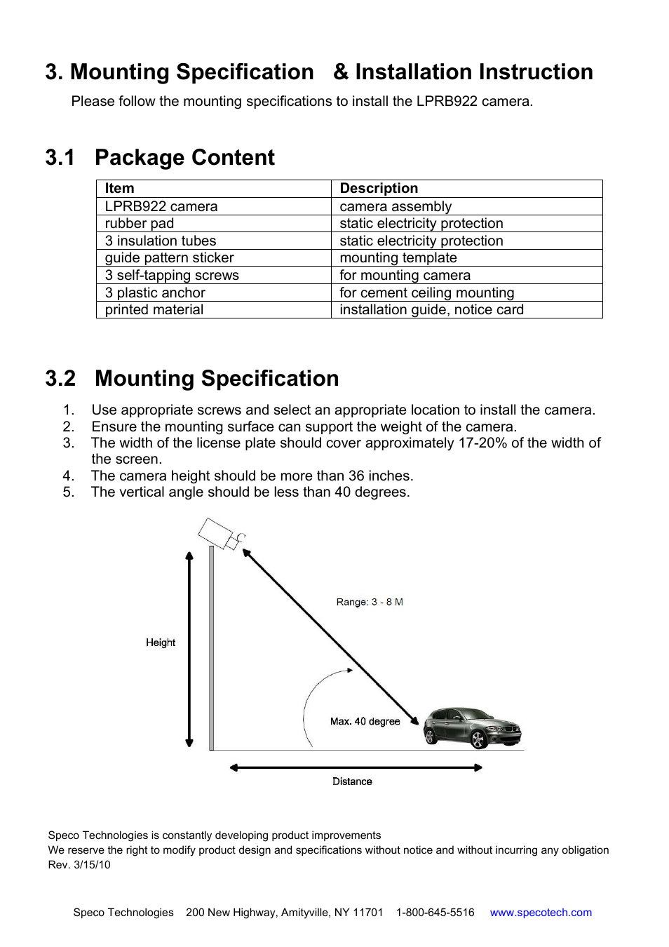 1 package contents, 2 mounting specifications | Speco Technologies LPRB922 User Manual | Page 7 / 10