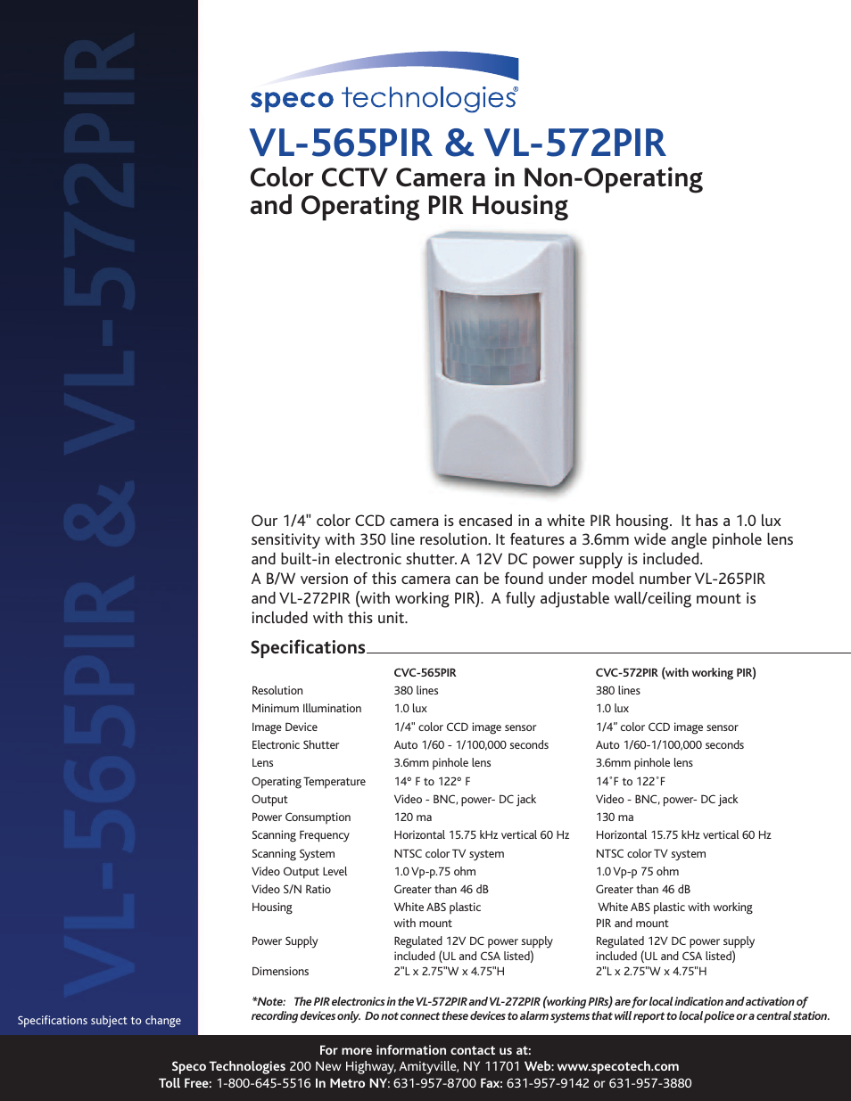 Speco Technologies VL-565PIR User Manual | 1 page