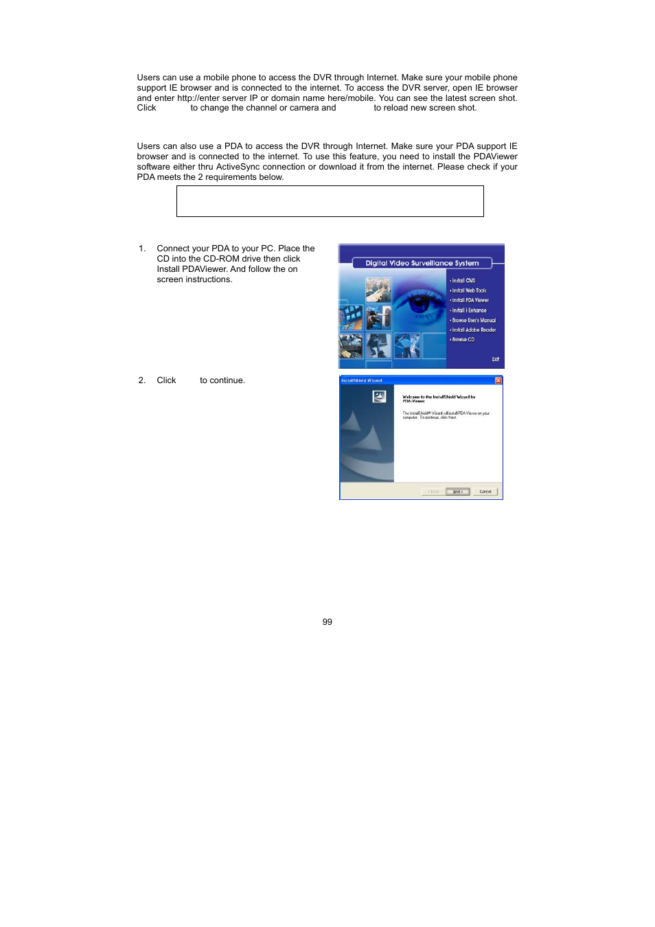 5 using handyviewer to access dvr server, 6 using pdaviewer to access dvr server | Speco Technologies PC Pro Series User Manual | Page 107 / 136