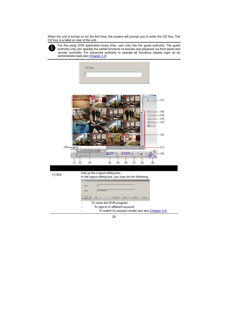 Chapter 3 using the dvr software, 1 running the unit for the first time, 2 function buttons in advanced/preview mode | Speco Technologies PC Pro Series User Manual | Page 28 / 136
