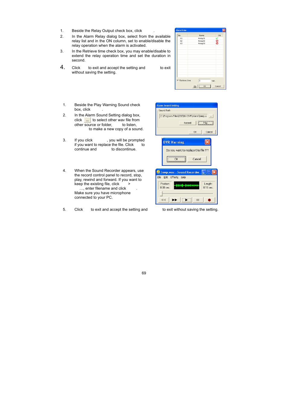 1 to setup alarm relay, 2 to setup the alarm sound setting | Speco Technologies PC Pro Series User Manual | Page 77 / 136