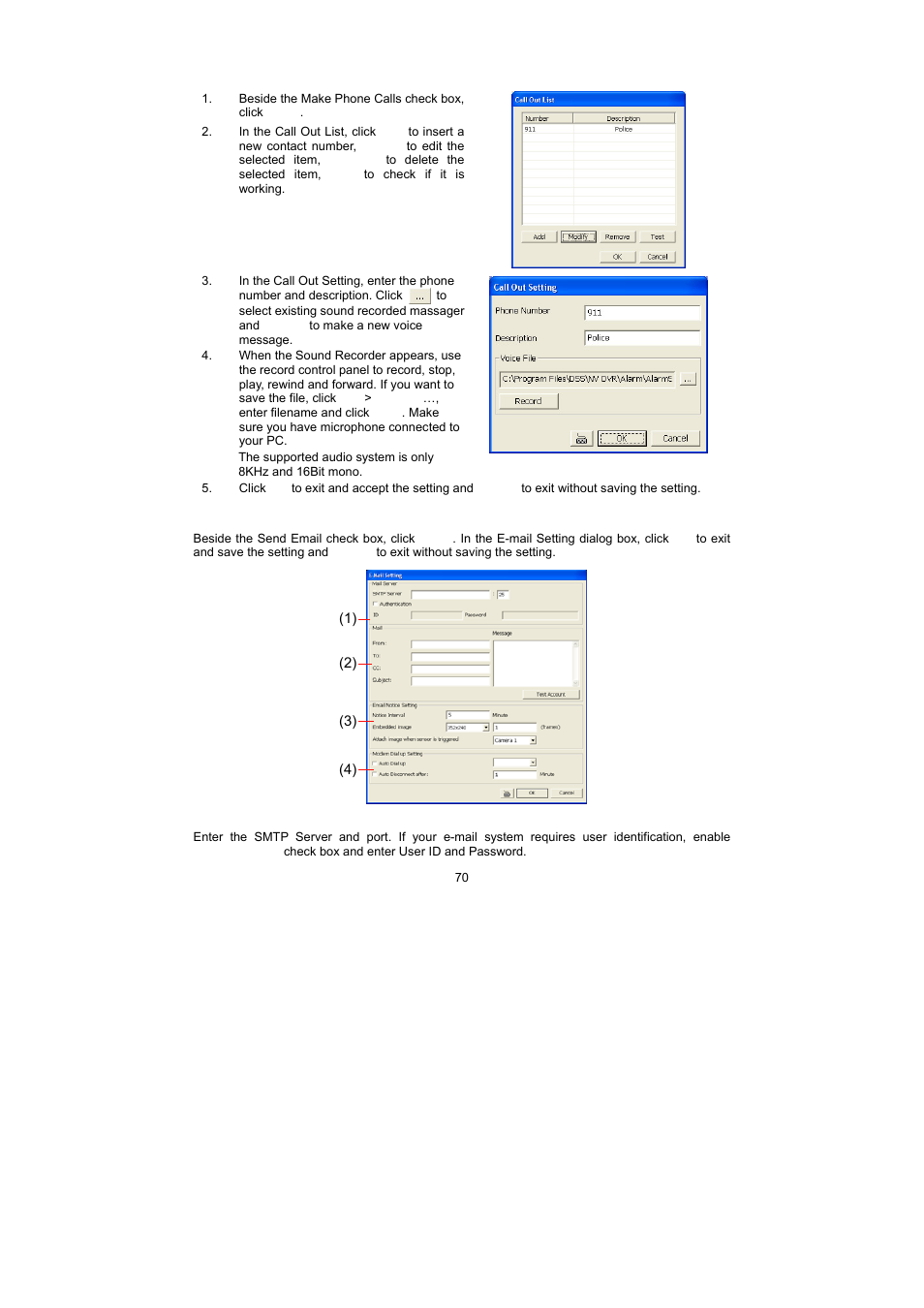 3 to setup call out list, 4 to setup send e-mail setting | Speco Technologies PC Pro Series User Manual | Page 78 / 136