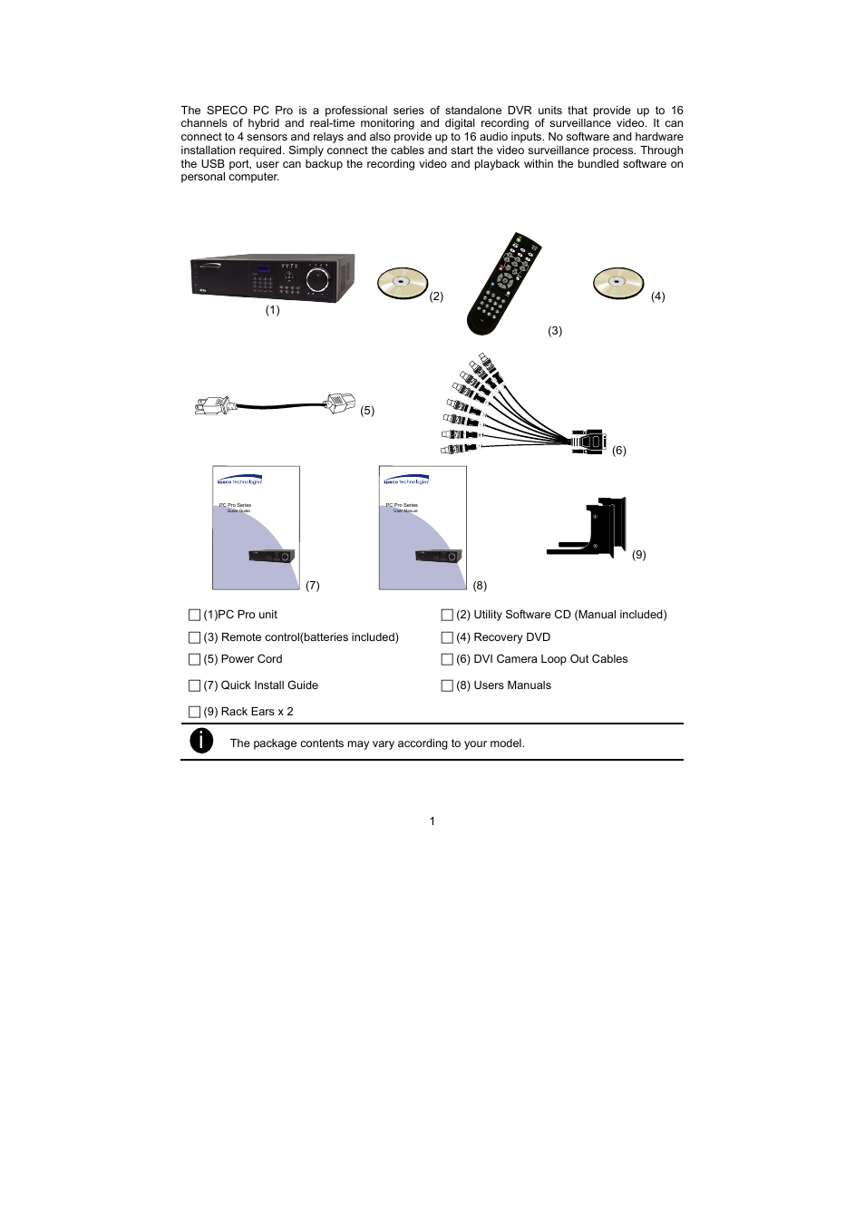 Chapter 1 introduction, 1 package contents | Speco Technologies PC Pro Series User Manual | Page 9 / 136