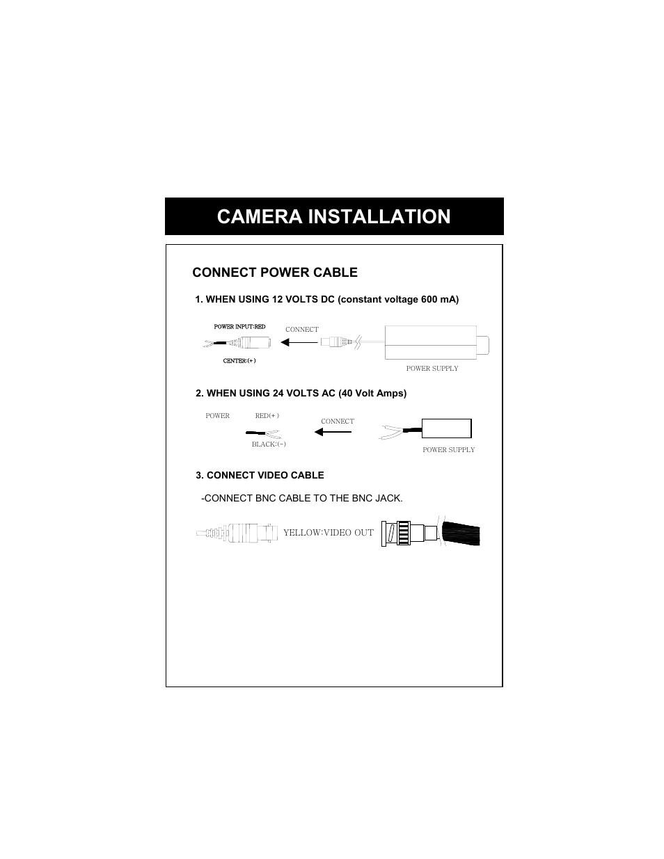 Camera installation, Connect power cable | Speco Technologies WDR-R3 User Manual | Page 4 / 16