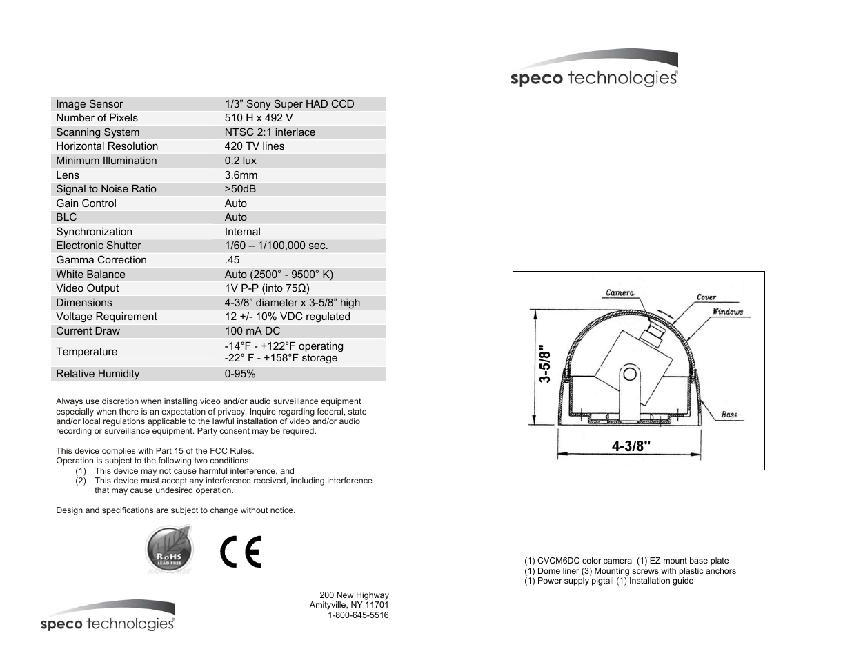 Speco Technologies CVCM6DC User Manual | 2 pages