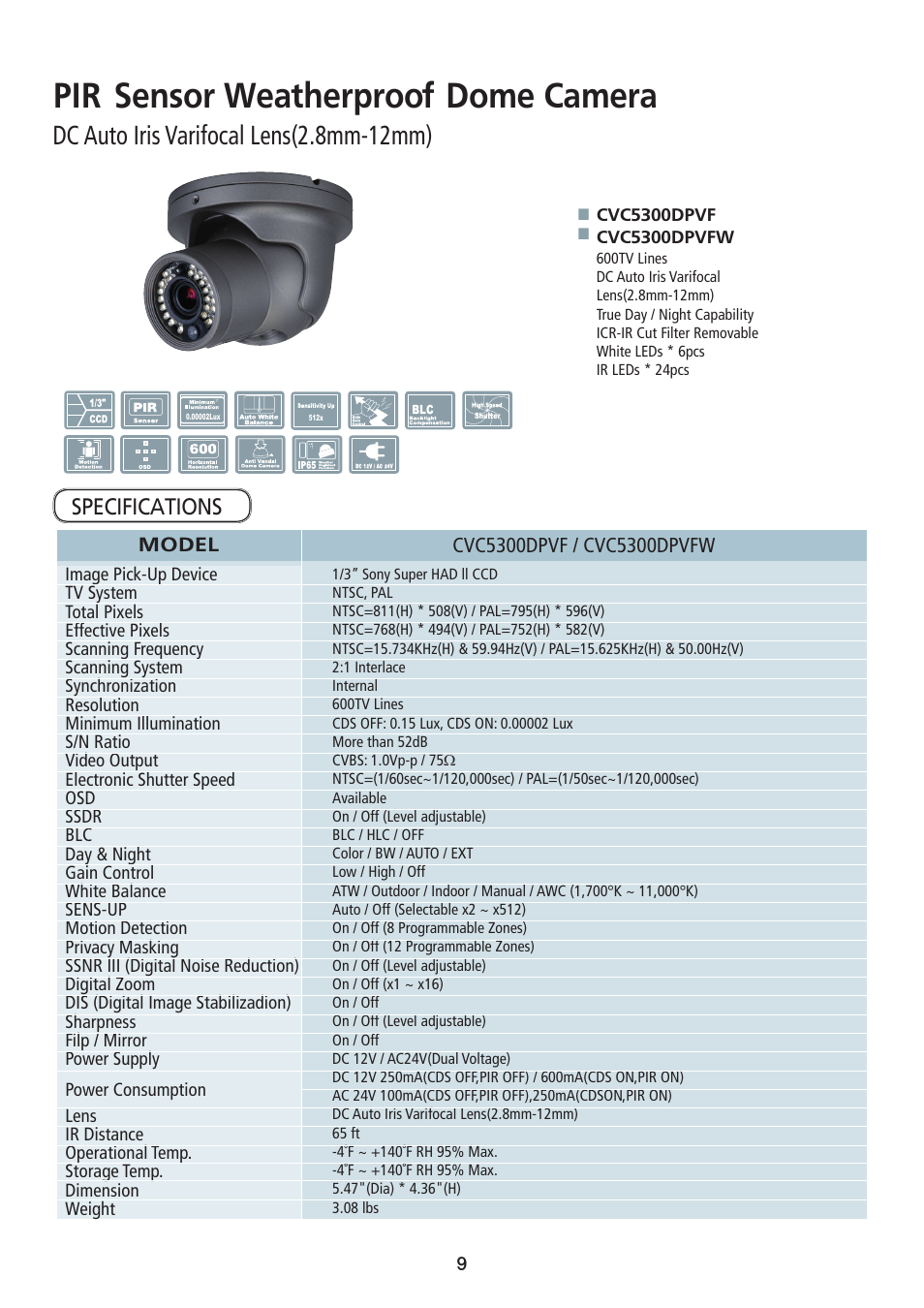 Pir sensor weatherproof dome camera, Dc auto iris varifocal lens(2.8mm-12mm), Specifications | Speco Technologies PIR Sensor Camera CVC5300DPVF/CVC5300DPVFW User Manual | Page 10 / 29