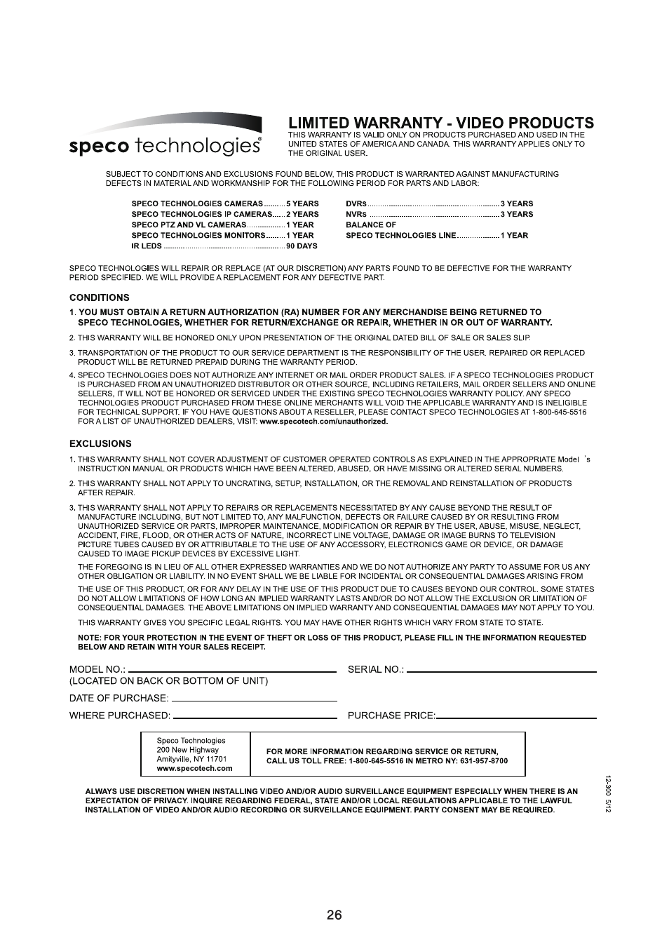 Speco Technologies PIR Sensor Camera CVC5300DPVF/CVC5300DPVFW User Manual | Page 27 / 29