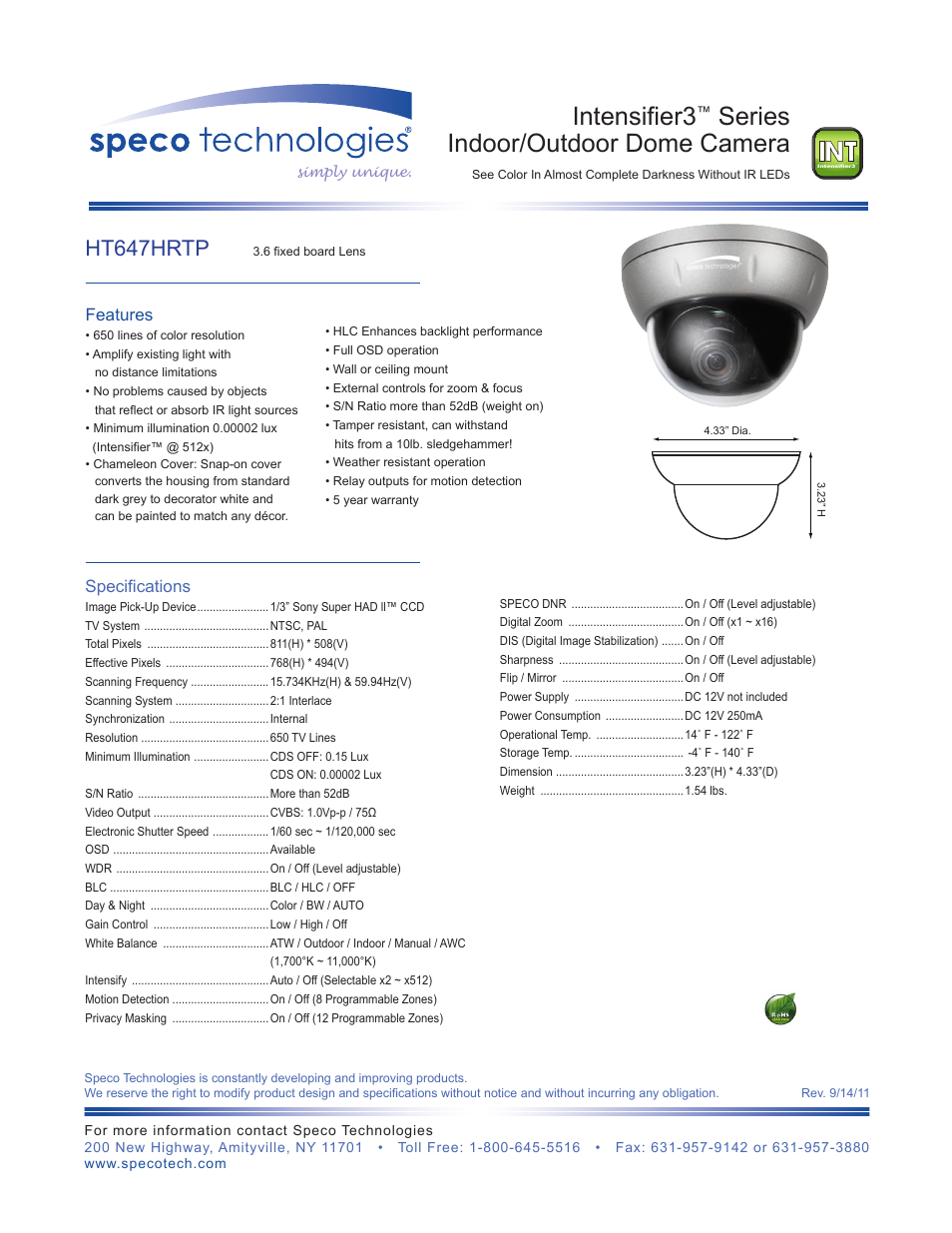 Speco Technologies INTENSIFIER3 HT647HRTP User Manual | 1 page