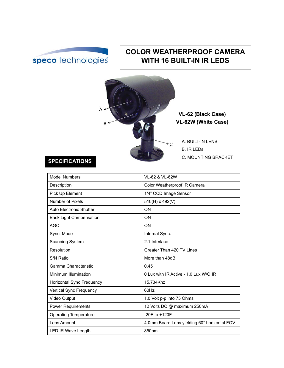 Speco Technologies VL-62W User Manual | 2 pages