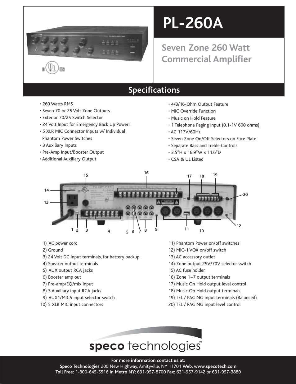 Pl-260a, Seven zone 260 watt commercial amplifier, Specifications | Speco Technologies PL-260A User Manual | Page 2 / 2