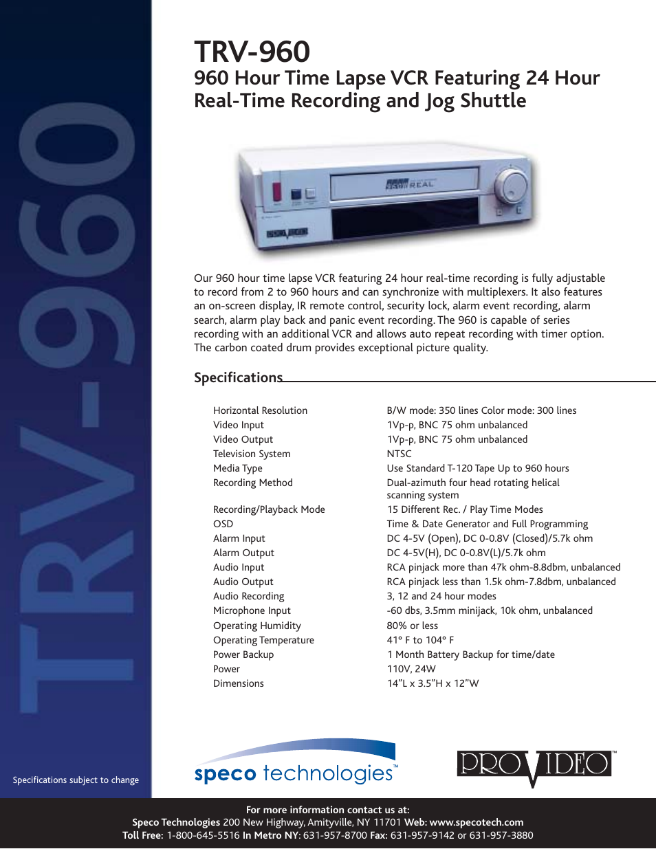 Speco Technologies TRV-960 User Manual | 1 page