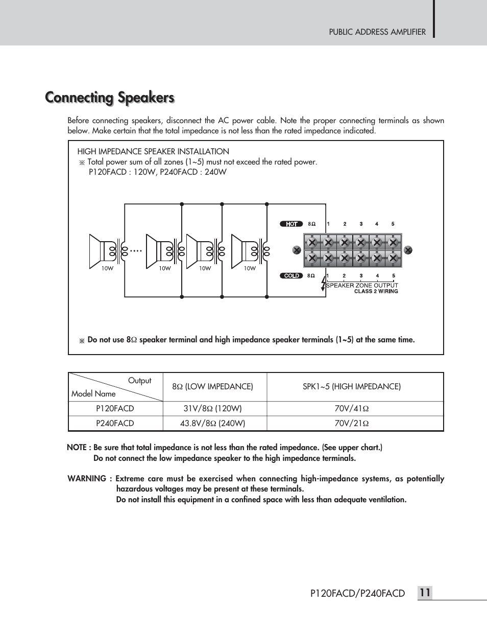 Connecting speakers | Speco Technologies P120FACD/P240FACD User Manual | Page 13 / 24