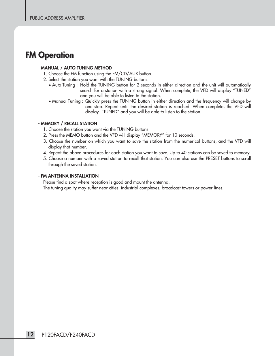 Fm operation | Speco Technologies P120FACD/P240FACD User Manual | Page 14 / 24