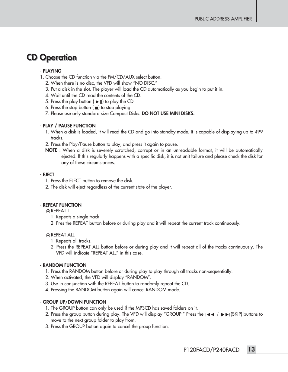 Cd operation | Speco Technologies P120FACD/P240FACD User Manual | Page 15 / 24
