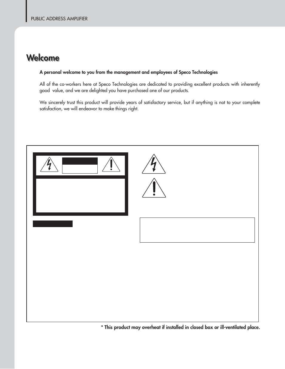Welcome, Warning, Caution | Speco Technologies P120FACD/P240FACD User Manual | Page 2 / 24