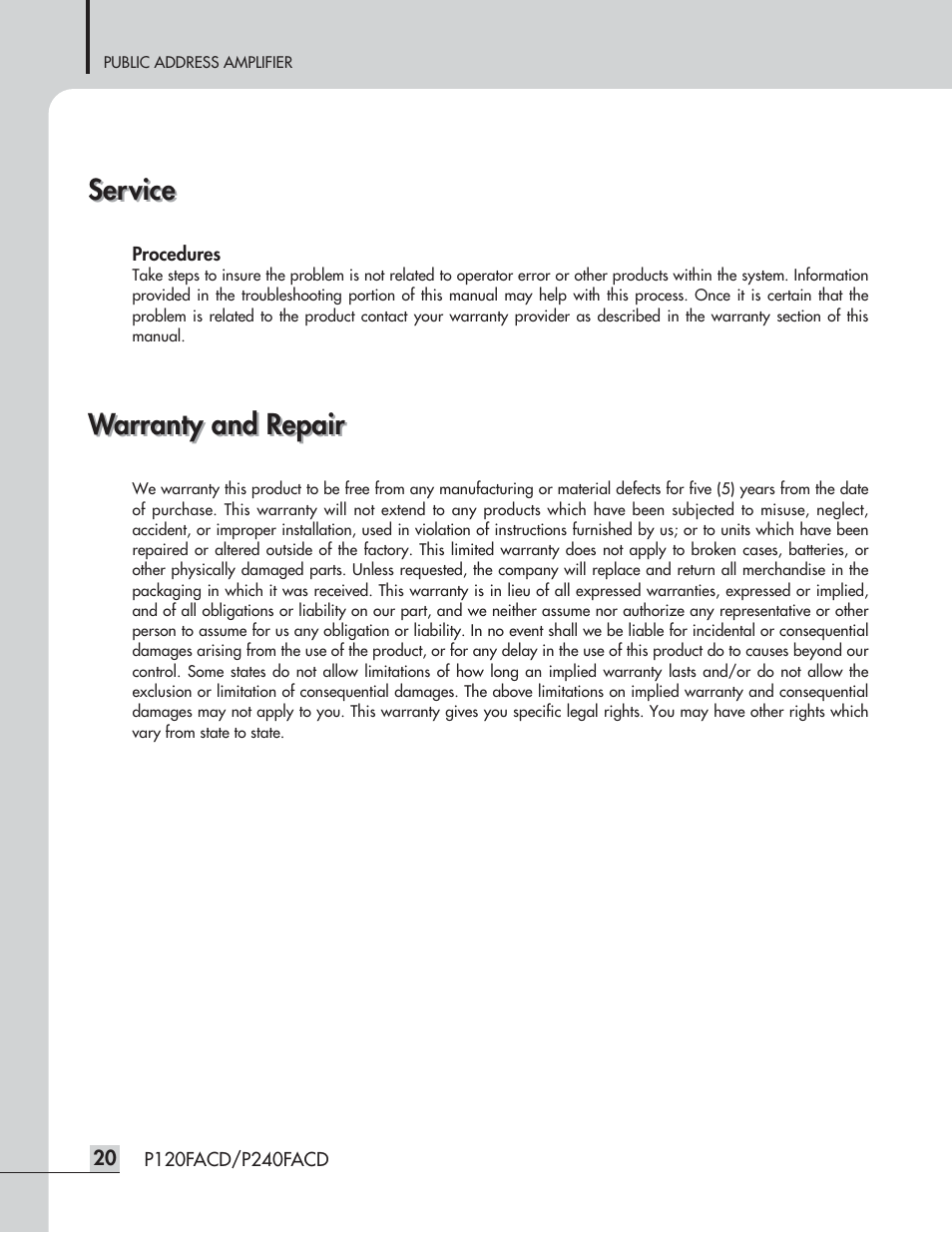 Service, Warranty and repair | Speco Technologies P120FACD/P240FACD User Manual | Page 22 / 24