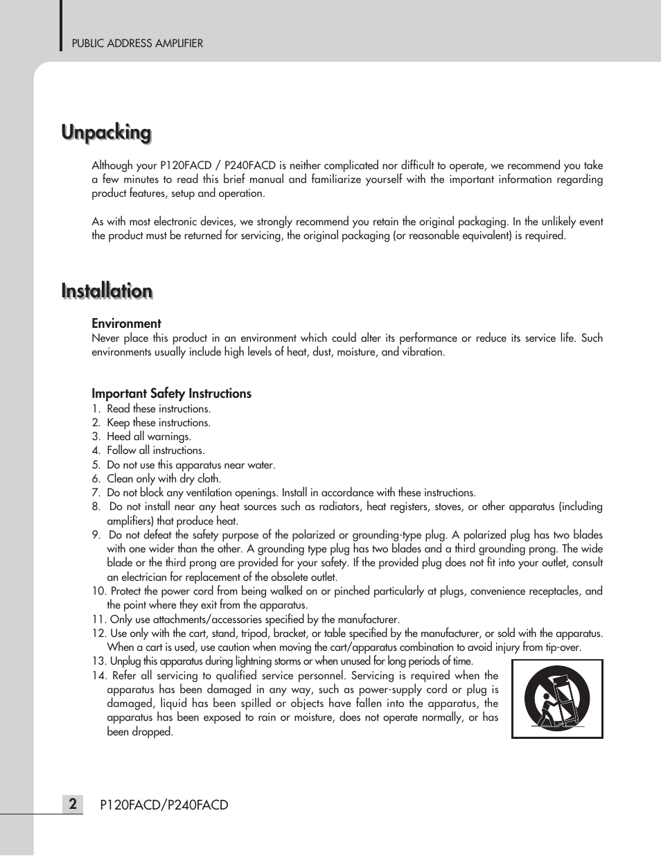 Installation, Unpacking | Speco Technologies P120FACD/P240FACD User Manual | Page 4 / 24