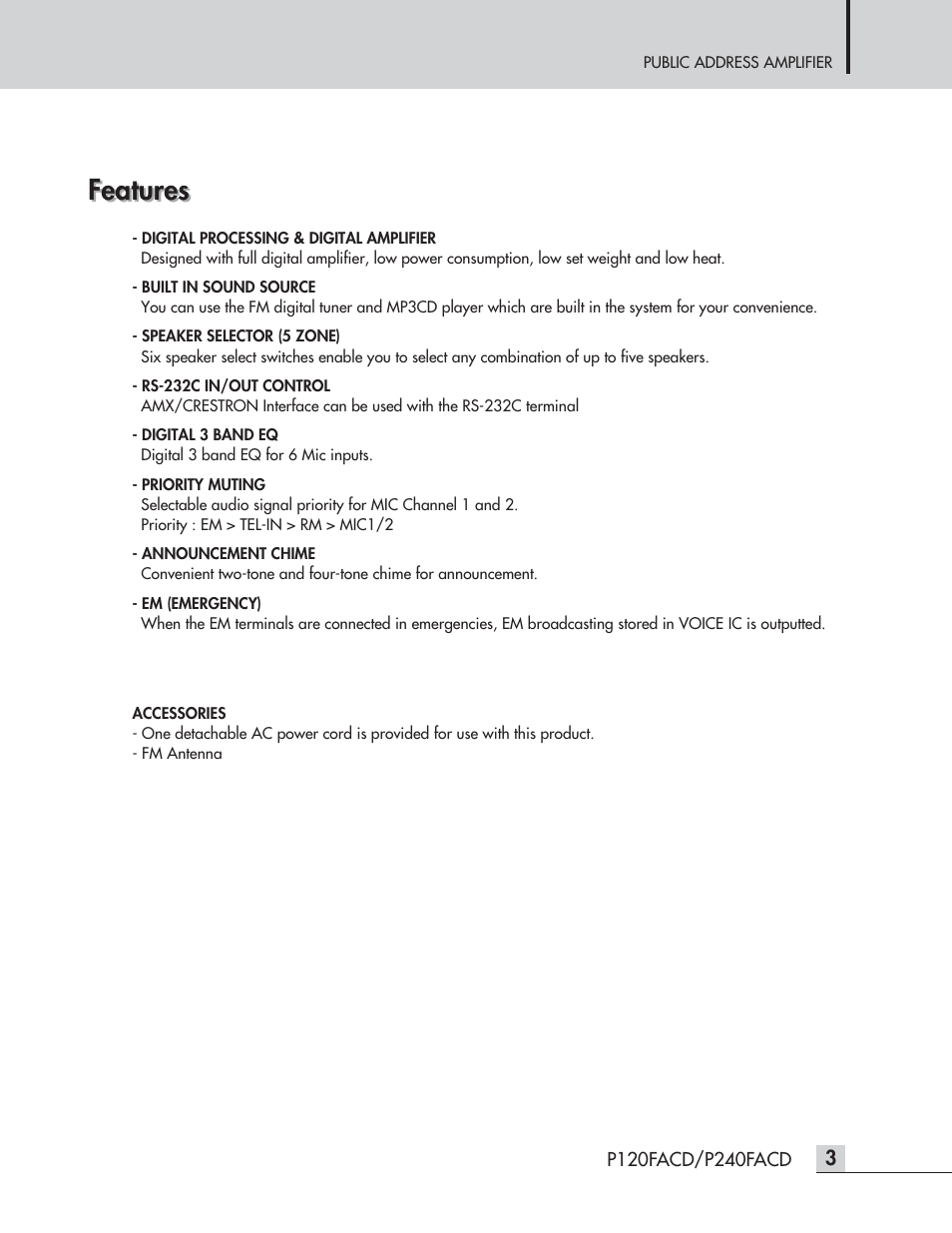Features | Speco Technologies P120FACD/P240FACD User Manual | Page 5 / 24