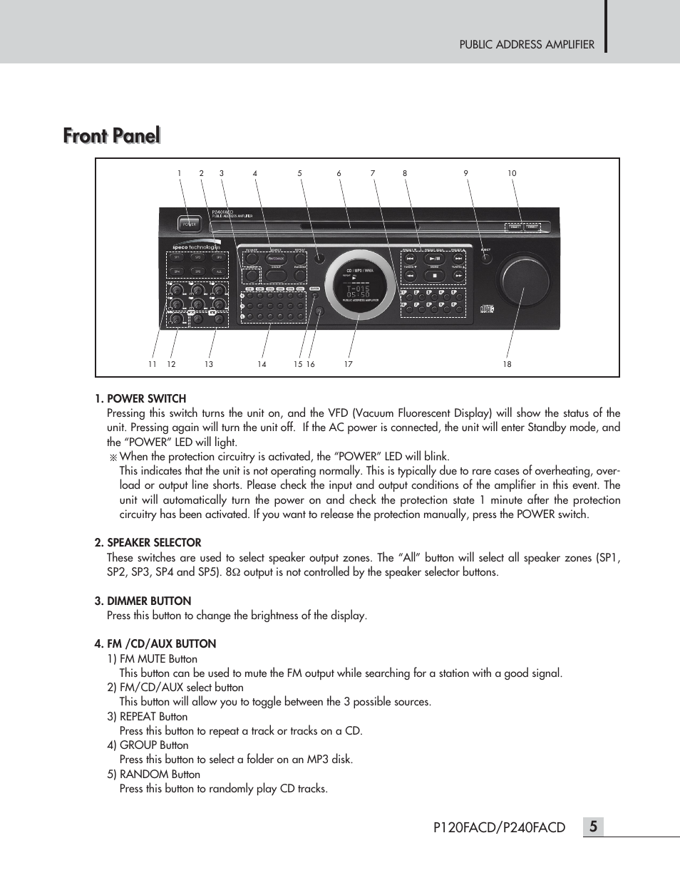 Front panel | Speco Technologies P120FACD/P240FACD User Manual | Page 7 / 24