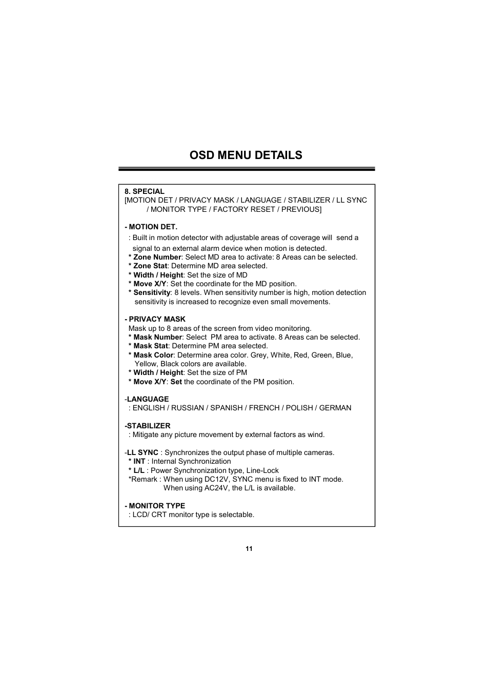 Osd menu details | Speco Technologies 650Line Intensifier3 Tamperproof Dome w. Chameleon Cover HINT13D7G User Manual | Page 11 / 16