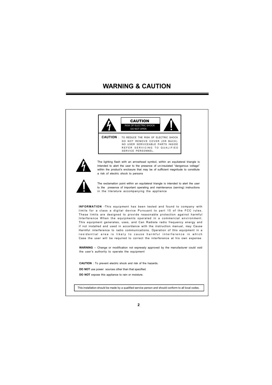 Warning & caution | Speco Technologies 650Line Intensifier3 Tamperproof Dome w. Chameleon Cover HINT13D7G User Manual | Page 2 / 16