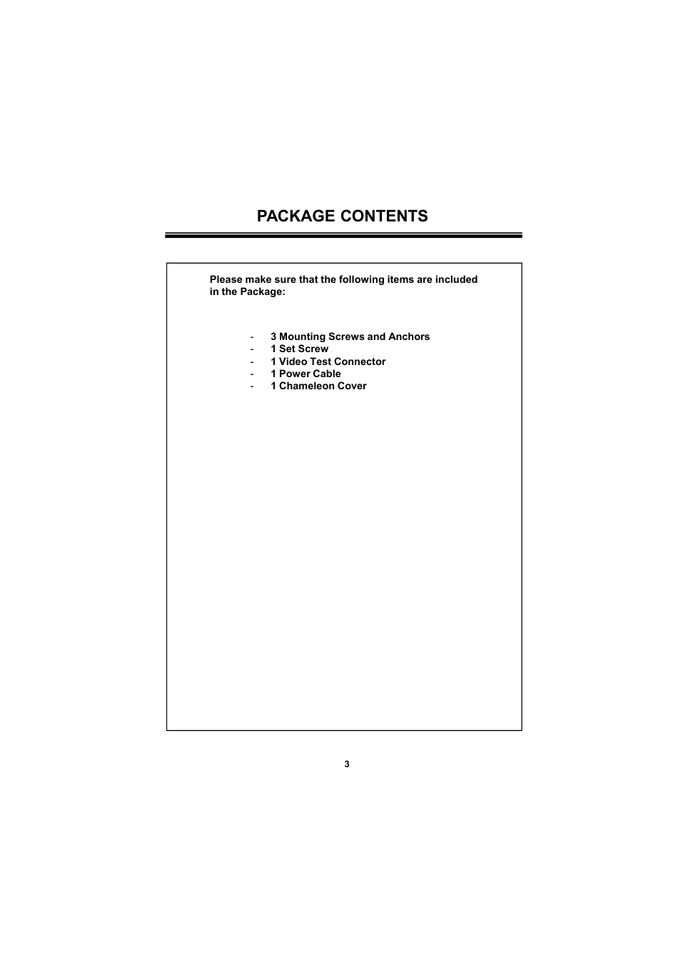 Package contents | Speco Technologies 650Line Intensifier3 Tamperproof Dome w. Chameleon Cover HINT13D7G User Manual | Page 3 / 16