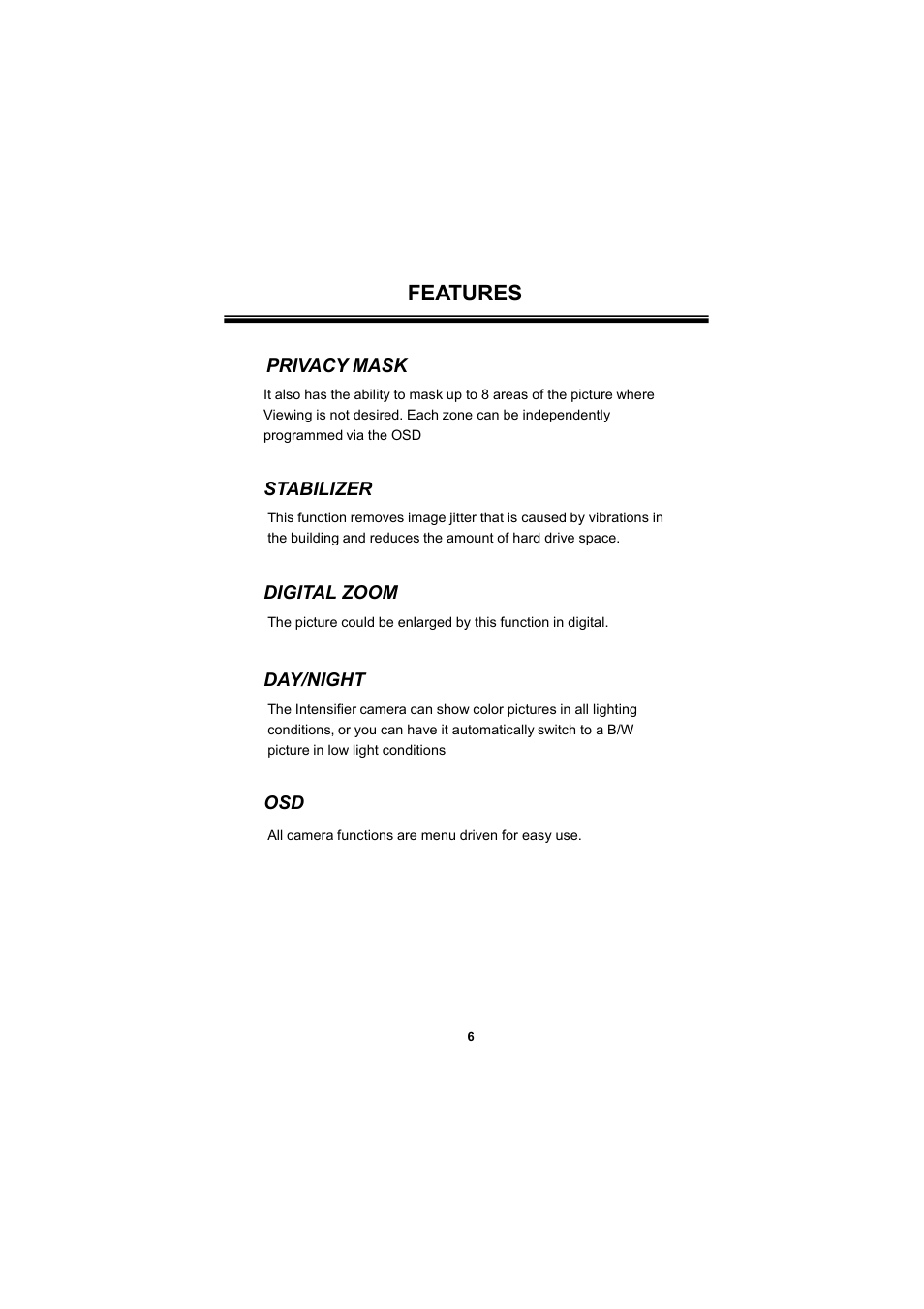 Features | Speco Technologies 650Line Intensifier3 Tamperproof Dome w. Chameleon Cover HINT13D7G User Manual | Page 6 / 16