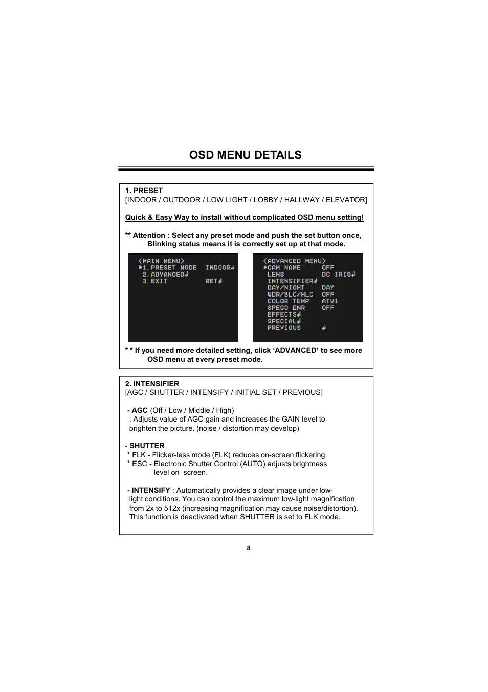 Osd menu details | Speco Technologies 650Line Intensifier3 Tamperproof Dome w. Chameleon Cover HINT13D7G User Manual | Page 8 / 16