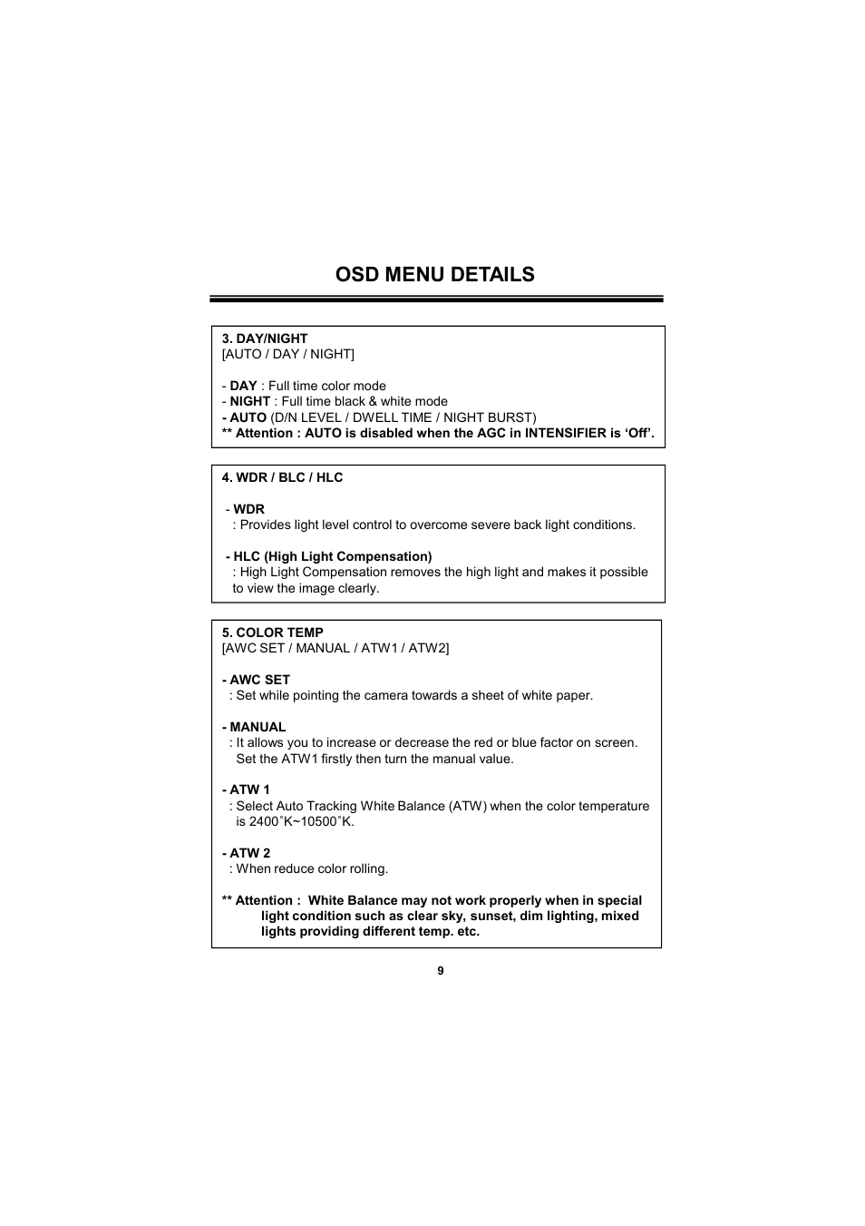 Osd menu details | Speco Technologies 650Line Intensifier3 Tamperproof Dome w. Chameleon Cover HINT13D7G User Manual | Page 9 / 16