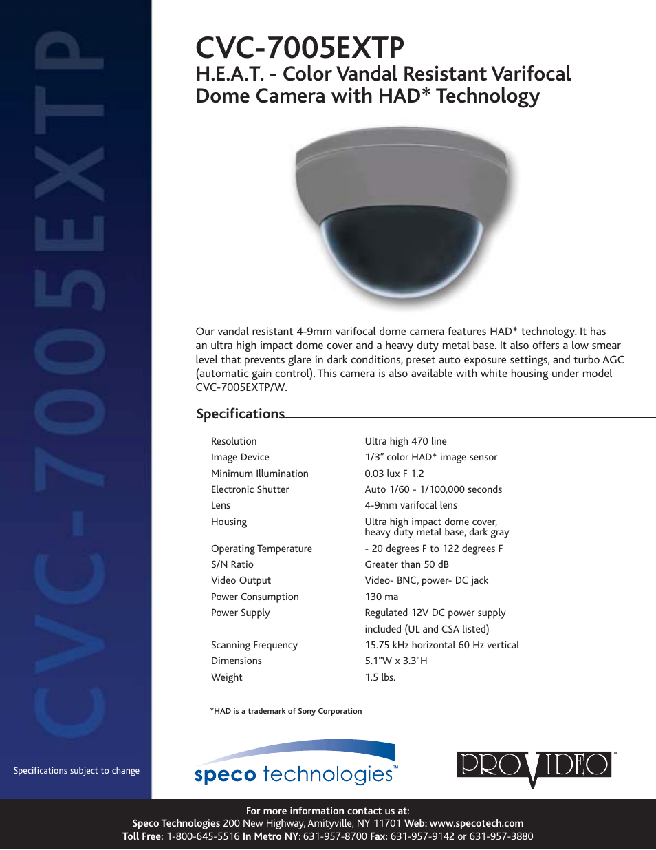Speco Technologies CVC-7005EXTP User Manual | 1 page