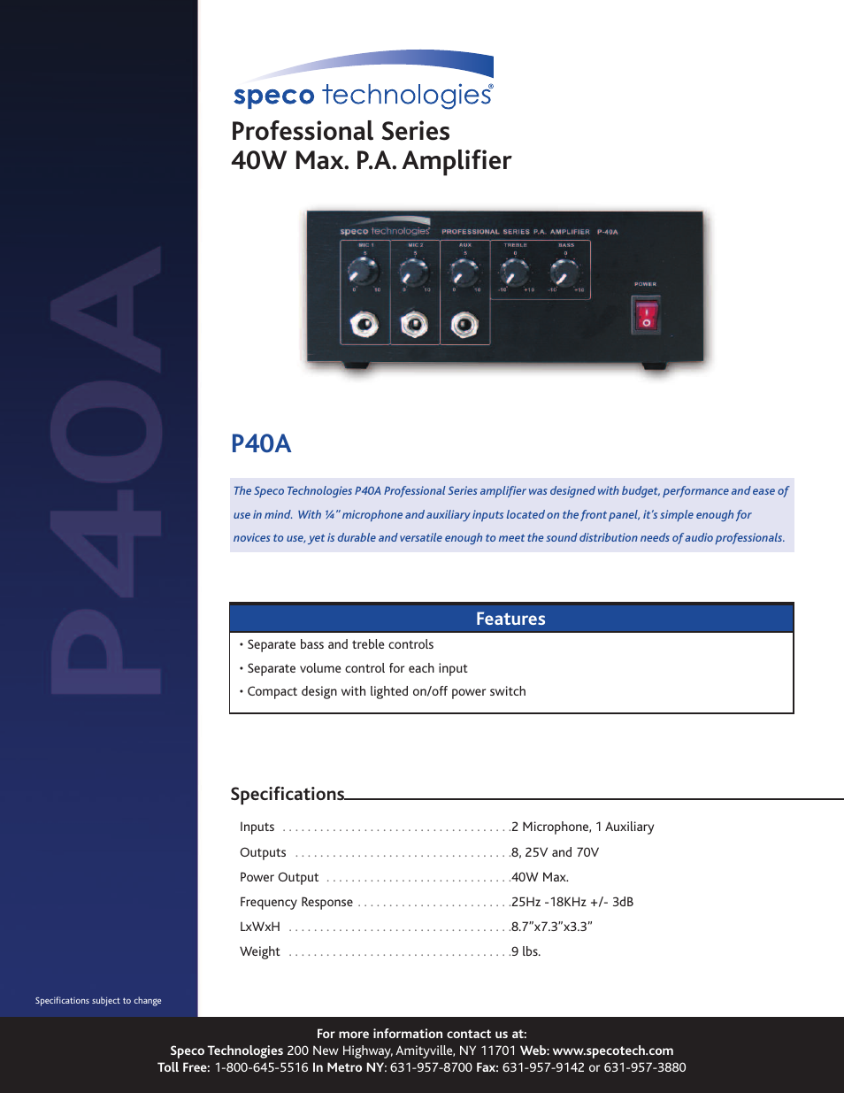 Speco Technologies P40A User Manual | 1 page