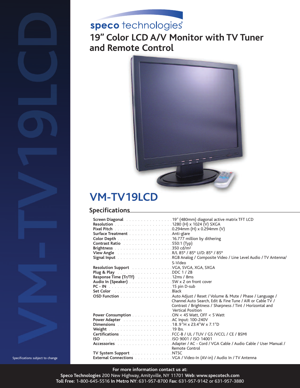 Speco Technologies VM-TV19LCD User Manual | 1 page