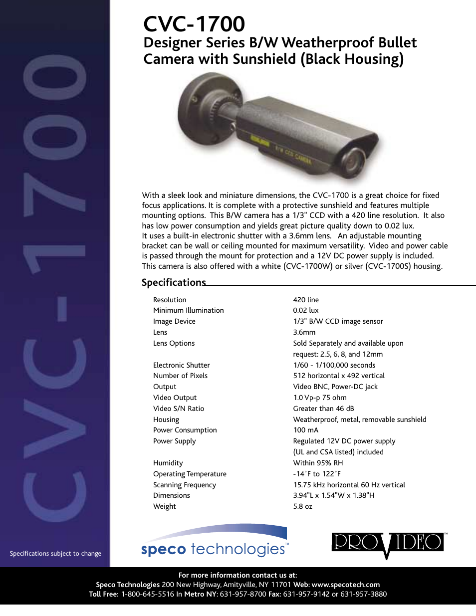 Speco Technologies CVC-1700 User Manual | 1 page