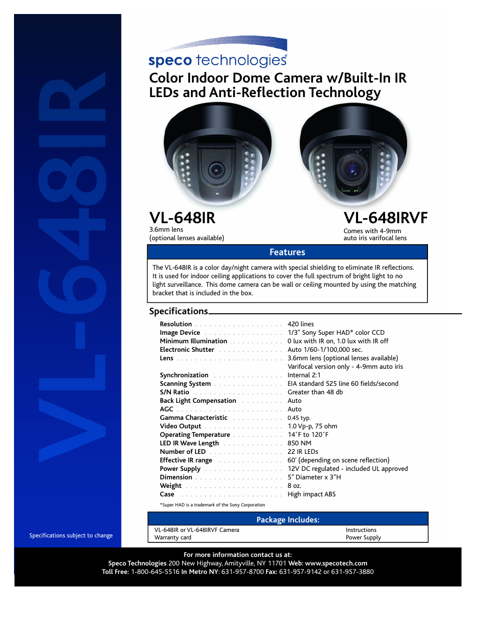 Speco Technologies VL-648IRVF User Manual | 1 page