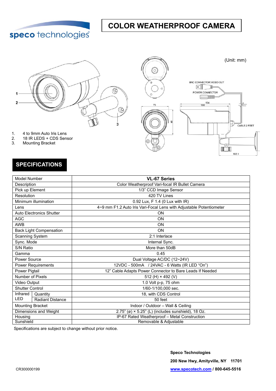 Speco Technologies VL-67 Series User Manual | 1 page