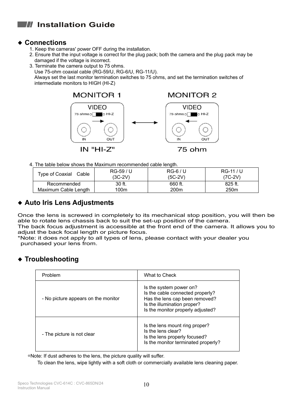 Installation guide, Connections, Auto iris lens adjustments | Troubleshooting | Speco Technologies CVC-865DN/24 User Manual | Page 10 / 12