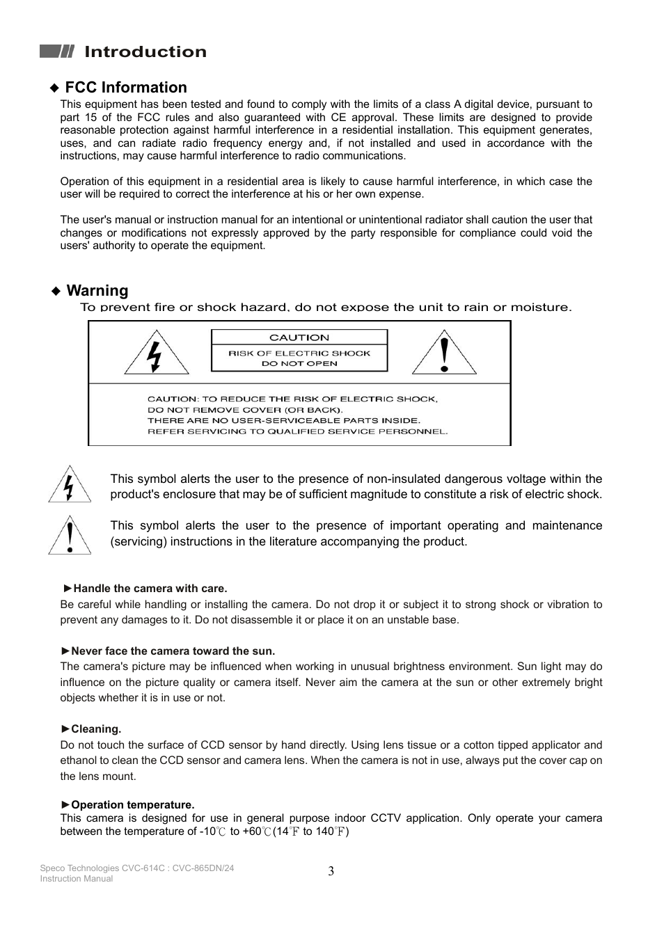 Introduction ♦ fcc information, Warning | Speco Technologies CVC-865DN/24 User Manual | Page 3 / 12