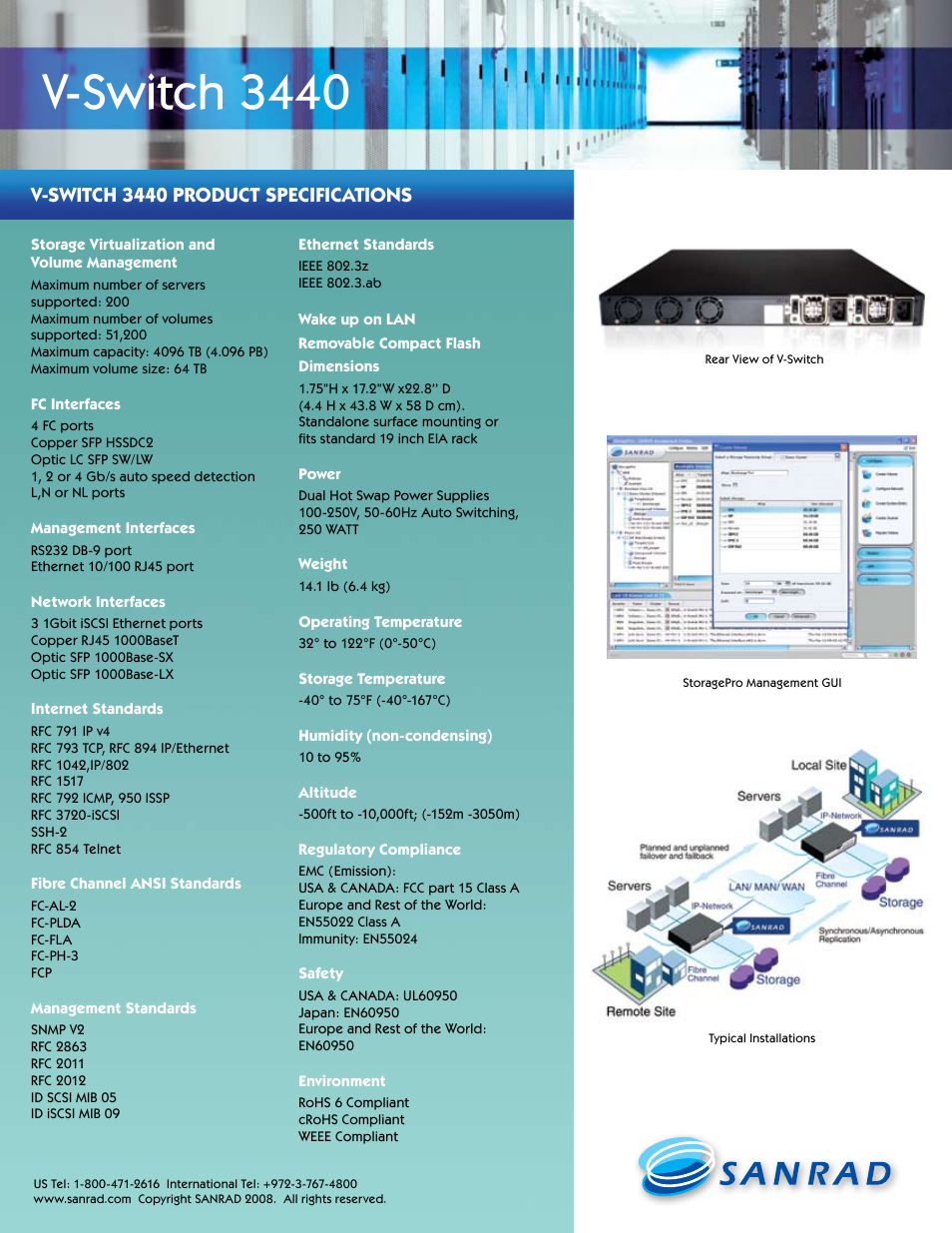 V-switch 3440, V-switch 3440 product specifications | SANRAD 3440 User Manual | Page 2 / 2