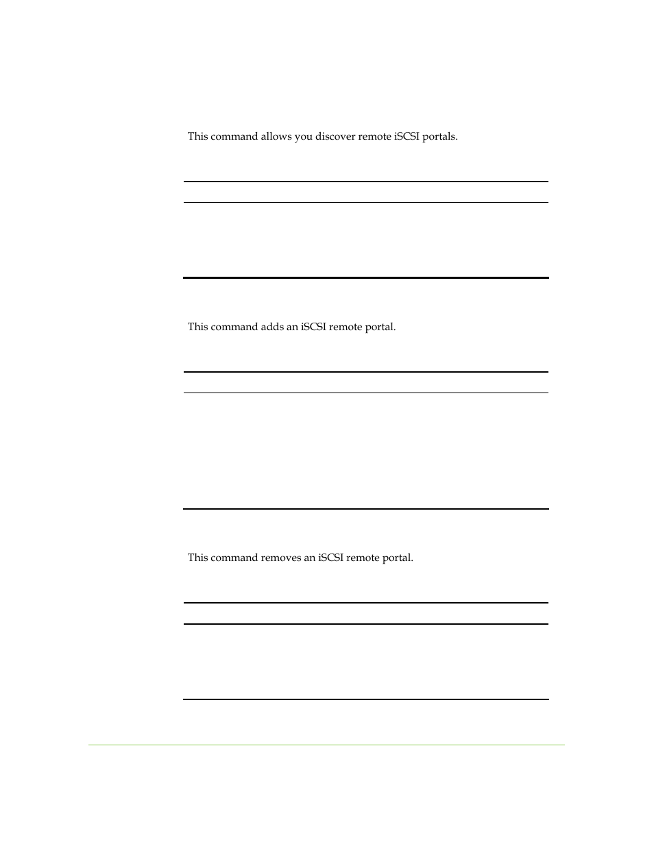 Iscsi discovery rportal discover, Iscsi discovery rportal add, Iscsi discovery rportal remove | SANRAD I3.1.1205 User Manual | Page 268 / 348
