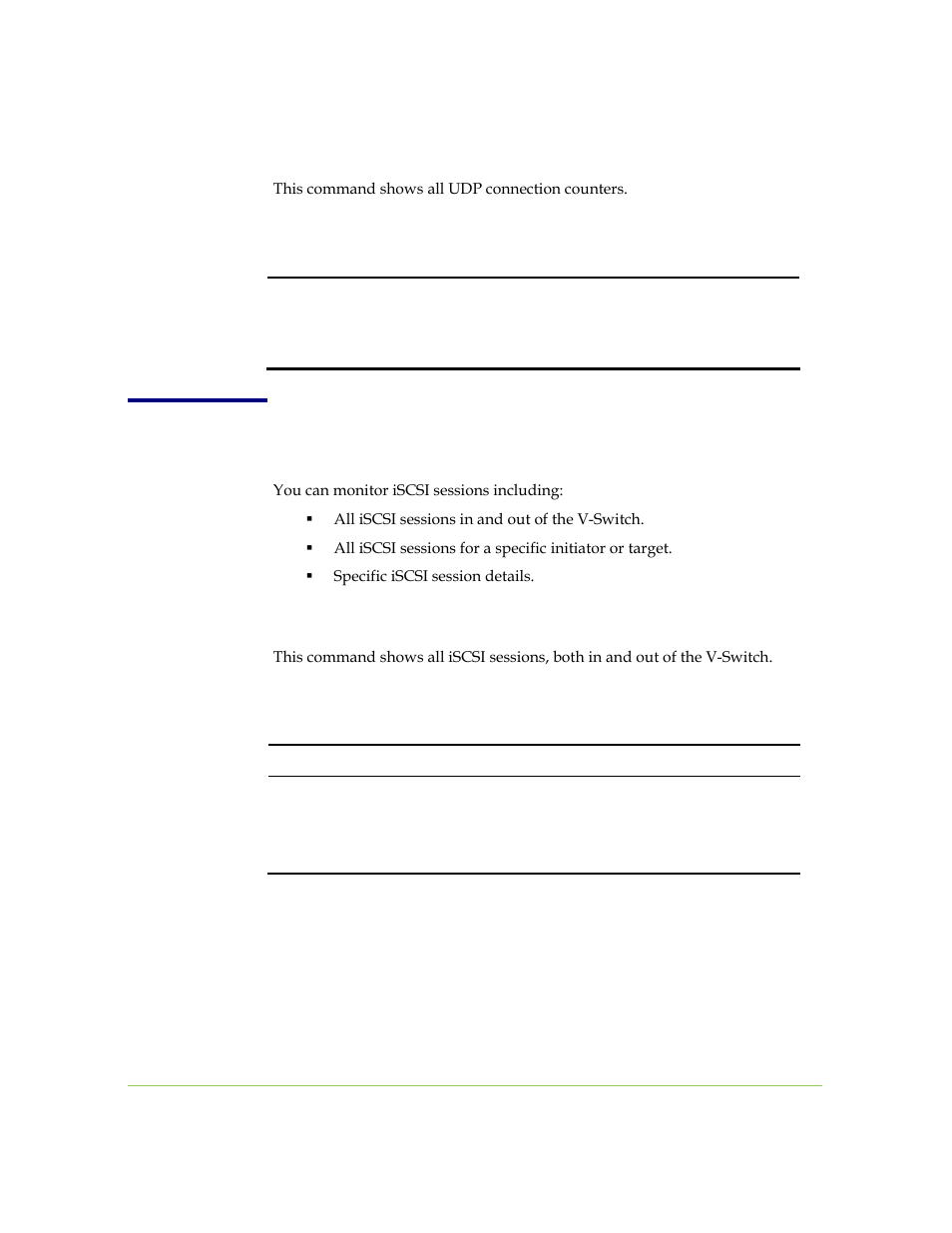 Udp statistics show, Iscsi session statistics, Iscsi session show | SANRAD I3.1.1205 User Manual | Page 293 / 348