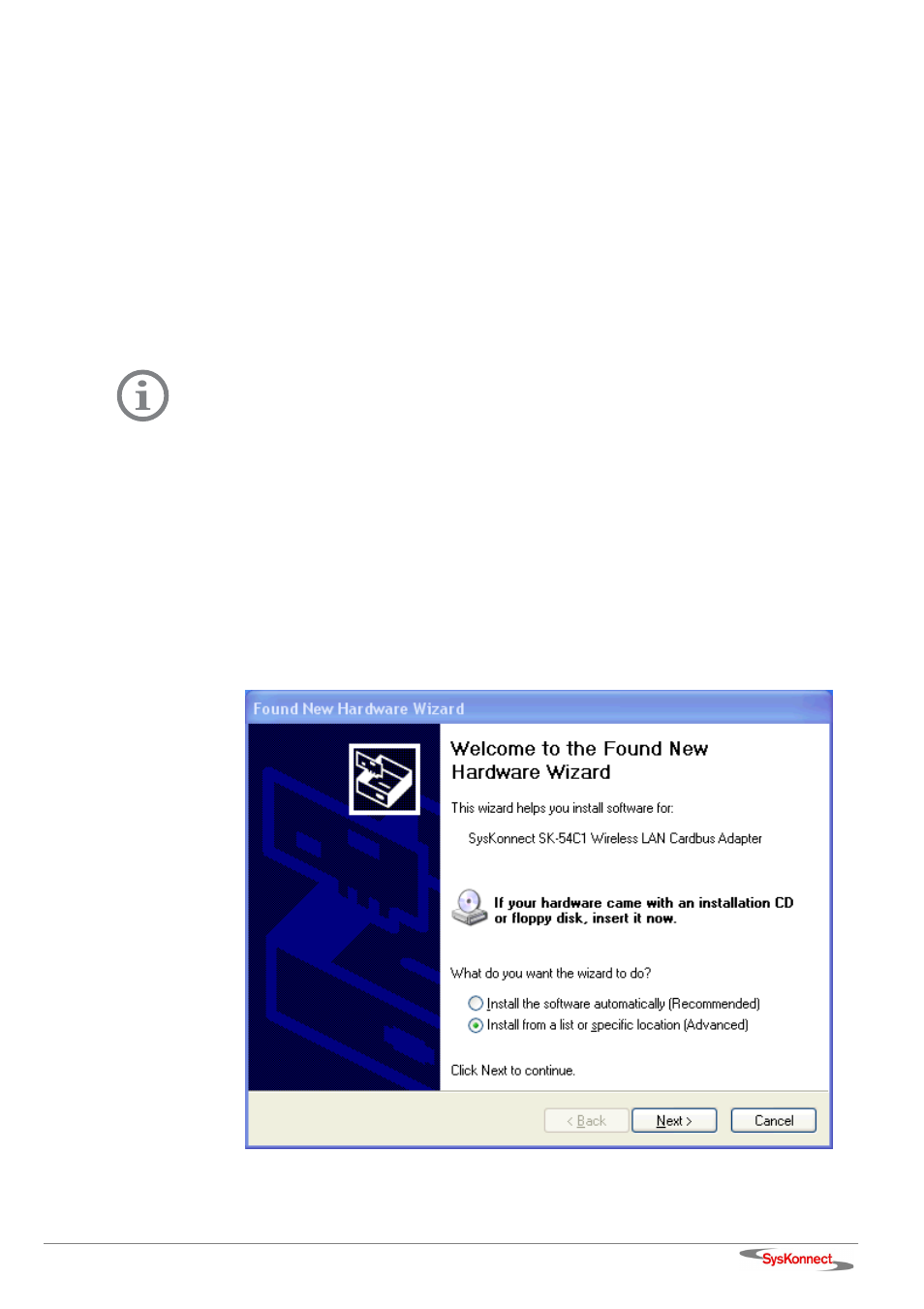 2 driver installation, Installing the windows xp driver, Figure 1: windows xp – found new hardware wizard | SysKonnect Wireless LAN Cardbus Adapter SK-54C1 User Manual | Page 15 / 72