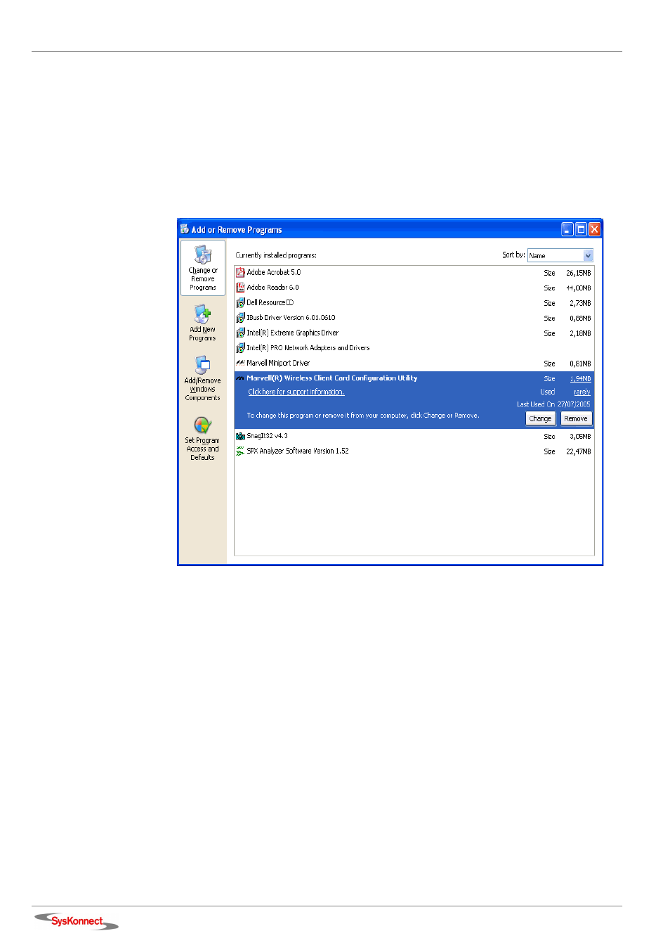 Uninstalling the marvell configuration utility, Configuring the marvell configuration utility, Windows xp users | Figure 13: add/remove programs | SysKonnect Wireless LAN Cardbus Adapter SK-54C1 User Manual | Page 24 / 72