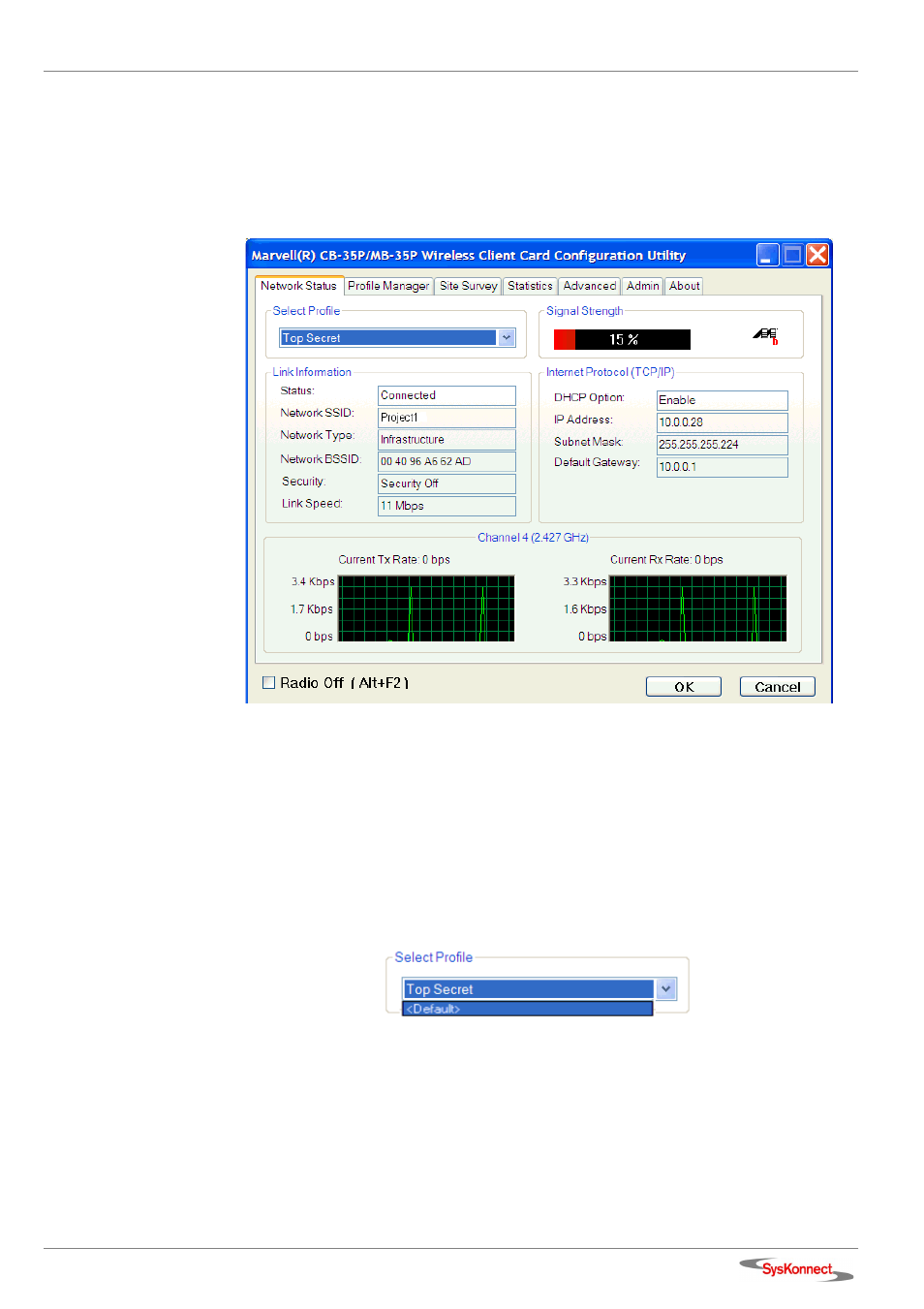 Network status tab, Select profile, Figure 17: network status tab | Figure 18: select profile section | SysKonnect Wireless LAN Cardbus Adapter SK-54C1 User Manual | Page 27 / 72