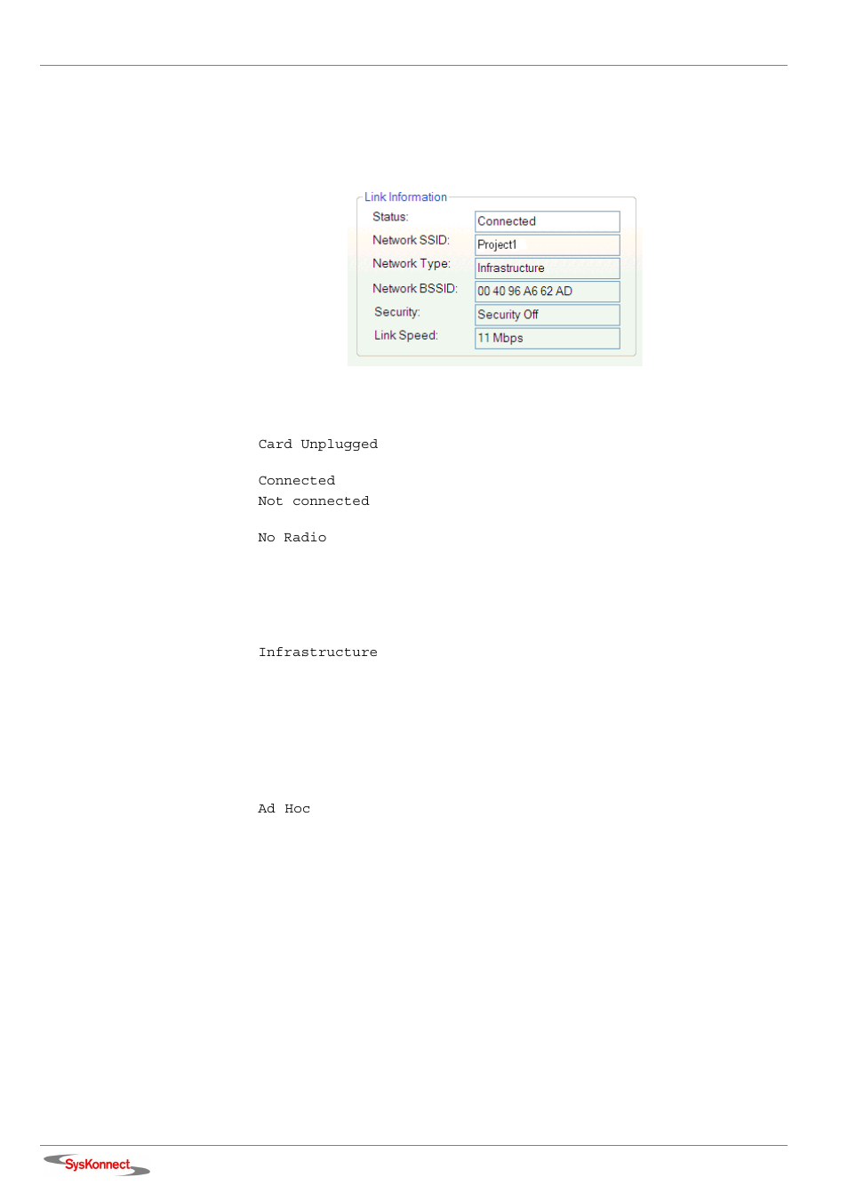 Link information, Figure 19: link information section | SysKonnect Wireless LAN Cardbus Adapter SK-54C1 User Manual | Page 28 / 72
