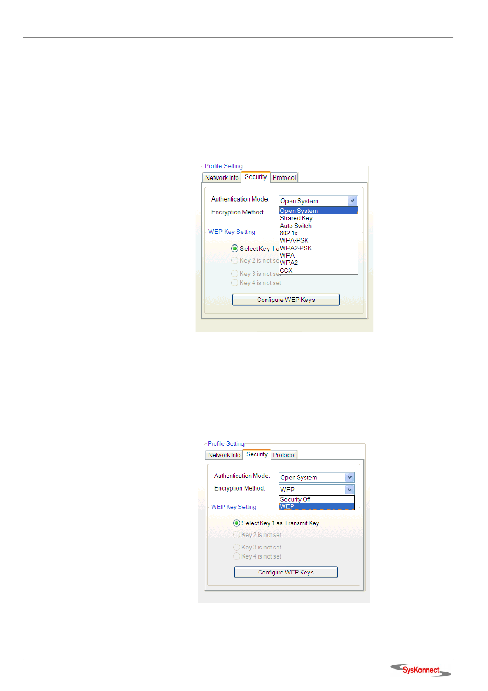 Figure 27: security tab – authentication mode, Figure 28: security tab – wep settings, Authentication modes | SysKonnect Wireless LAN Cardbus Adapter SK-54C1 User Manual | Page 33 / 72