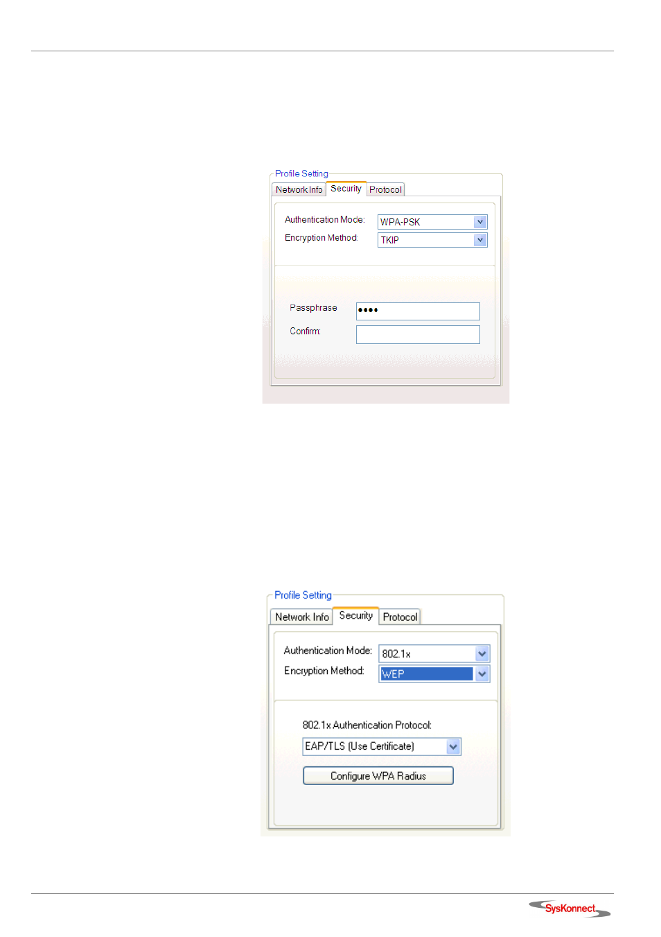 Figure 30: security tab – tkip encryption, Figure 31: security tab – wpa (802.1x eap/tls), Wpa-psk support in infrastructure mode | SysKonnect Wireless LAN Cardbus Adapter SK-54C1 User Manual | Page 35 / 72