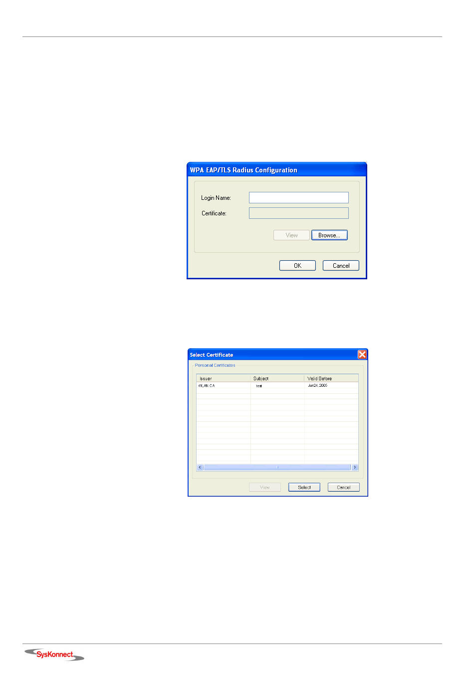 Figure 32: wpa radius configuration, Figure 33: select certificate | SysKonnect Wireless LAN Cardbus Adapter SK-54C1 User Manual | Page 36 / 72