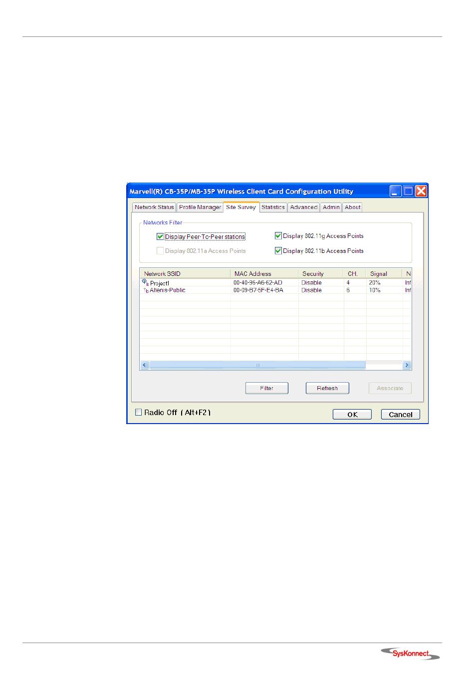 Site survey tab, Networks filter, Figure 38: site survey tab | See section | SysKonnect Wireless LAN Cardbus Adapter SK-54C1 User Manual | Page 39 / 72