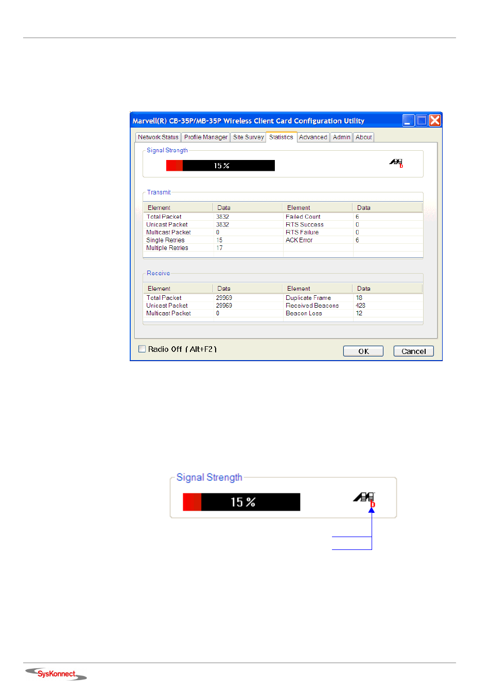 Statistics tab, Signal strength, Figure 41: statistics tab | Signal strength section, E section “statistics tab” on | SysKonnect Wireless LAN Cardbus Adapter SK-54C1 User Manual | Page 42 / 72